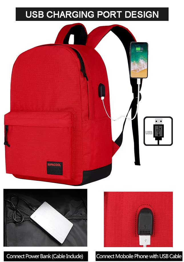 Image of SUPACOOL Casual Laptop Backpack for Men and Women, Backpack for College, USB Charging Port, Lightweight Pack Back(Red)