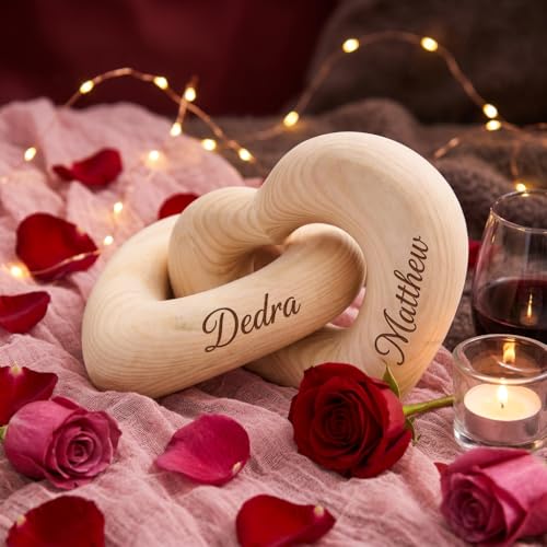 Personalized Wooden Hearts with Names - Custom Engraved Interlocking Heart Sculpture for Couples - 5th Wood Anniversary Valentine's Day Gift Idea, Romantic Home Decor (1-Pack) - Image 4