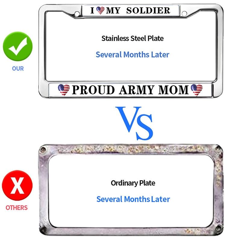 Image of Proud Army Mom License Plate Frame I Love My Soldier Metal Car Tag Holder | Proud Army Mom License Plate Frame Metal Car Tag Holder Cover Fit Standard US Auto Trucks Exterior Accessories Gifts