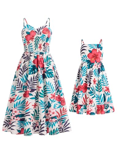Image of AWIBMK Hawaiian Family Matching Outfits Mother Daughter Tropical Dresses Father Son Shirts for Beach Vacation Luau Party
