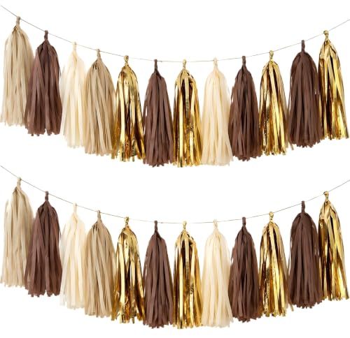 Image of Brown Tan Beige Cream Gold DIY Tissue Tassel Garland Party Tassel Banner Bunting Streamer for Boho Rustic Neutral Wedding Bridal Shower Western Party Decoration