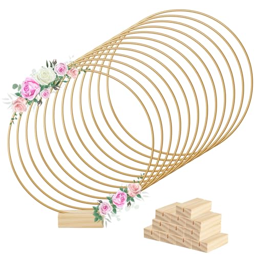 BOUBONI 12 Pcs 12 Inch Metal Floral Hoop Centerpiece with 12 Pcs Wooden Stand for Table Metal Wreath Ring Stand for Centerpiece Table Decorations Wedding Decor Wall Hanging Crafts