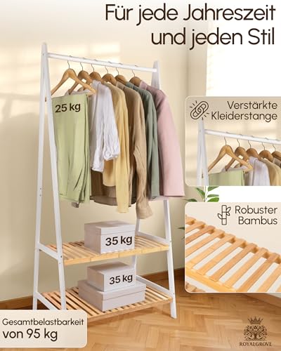 RoyalGrove® Kleiderständer mit 2 Ablagen aus Bambus weiß, Garderobenständer mit stabiler Kleiderstange, Garderobe mit Schuhregal, für Flur, Schlafzimmer, 160 x 80 x 44 cm (Weiß)