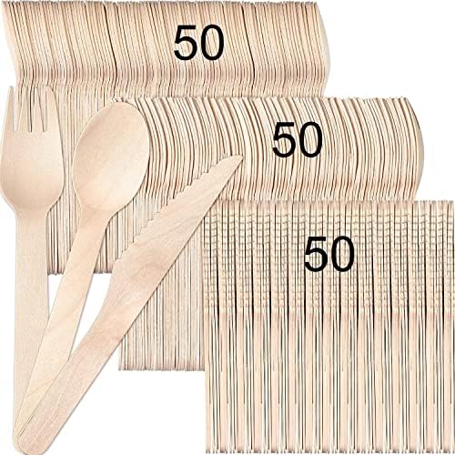 HEKU Be Green Lot De 150 Couverts Jetables En Bois De Bouleau – 50 Couteaux 16,5cm, 50 Fourchettes, 50 Cuillères 15,7cm – Compostables