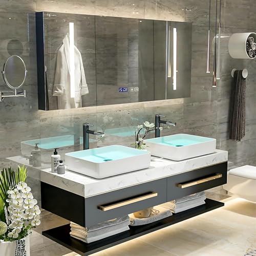 Top 10 Best Rated Bathroom Vanities for Stylish Spaces 2 ZGNBSD Modern Wall Mounted Bathroom Vanity - with LED Anti-Fog Mirror | Ceramic Vessel Sink | Swivel Faucet | Soft-Close Drawers | with Storage | Single and Double Sinks Available(Double Sink,60 in)
