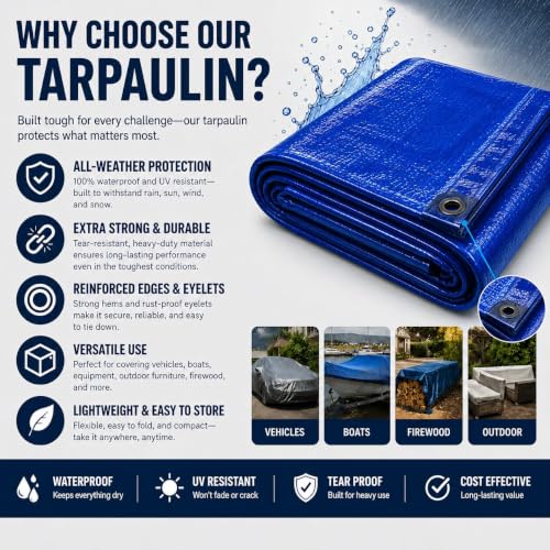Image of Tarkka 30x30ft Blue Tarpaulin Sheet, 120 GSM Virgin Waterproof Tirpal /Tadpatri Cover with Reinforced Eyelets & UV Protection for Home, Farm & Truck, 1 Sheet