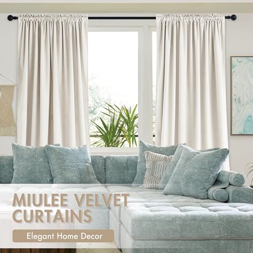 Image of MIULEE Ivory Blackout Velvet Curtains Drapes 108 Inch Long 52 inchx108 inch Bedroom | Luxurious Bedroom Living Room Decor, Room Darkening, Thermal Insulated, Rod Pocket Design, Super Soft Fabric, Extra Long