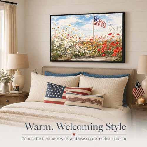 Image of American Flag Framed Canvas Wall Art, 4th of July Floral Canvas Prints, Wildflower Landscape Patriotic Decorations, Vintage Rustic Independence Day Wall Decor for Bedroom Living Room Office 8x10