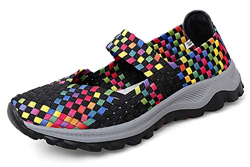 GOSPT Women's Elastic Woven Walking Shoes Mary Jane Flats Slip on Sneakers