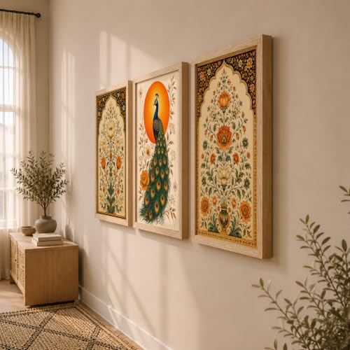 Image of NoWorries Floral Peacock Wall Art Set of 3 Framed Prints | Indian Traditional Botanical Painting, Royal Peacock & Lotus Flower Poster, Vintage Rajasthani Wall Decor for Living Room Bedroom Home (Synthetic Engineered Wooden Frame) (MIN -1, 21x31 inches)