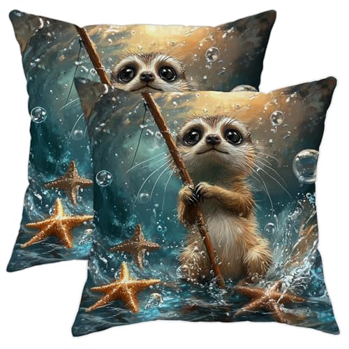 Cute Animal Pillow Covers Set of 2, Cartoon Sea Otter Water Scene Throw Pillows Case, Vibrant Ocean Decor Cushion Covers for Kids Room Sofa Bed Couch 16x16 Inch