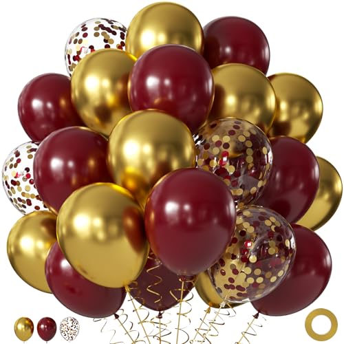 Burgundy and Gold Balloons 60Pcs 12 Inch Maroon and Gold Balloons with Maroon Metallic Gold Confetti Balloons for Graduation Birthday Bridal Shower Party Decorations