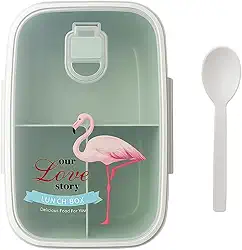 Marmita com Divisórias, Tampa Hermética Transparente, 1200ml, 4 Travas de Segurança, Colher Inclusa, Design Flamingo (Verde)