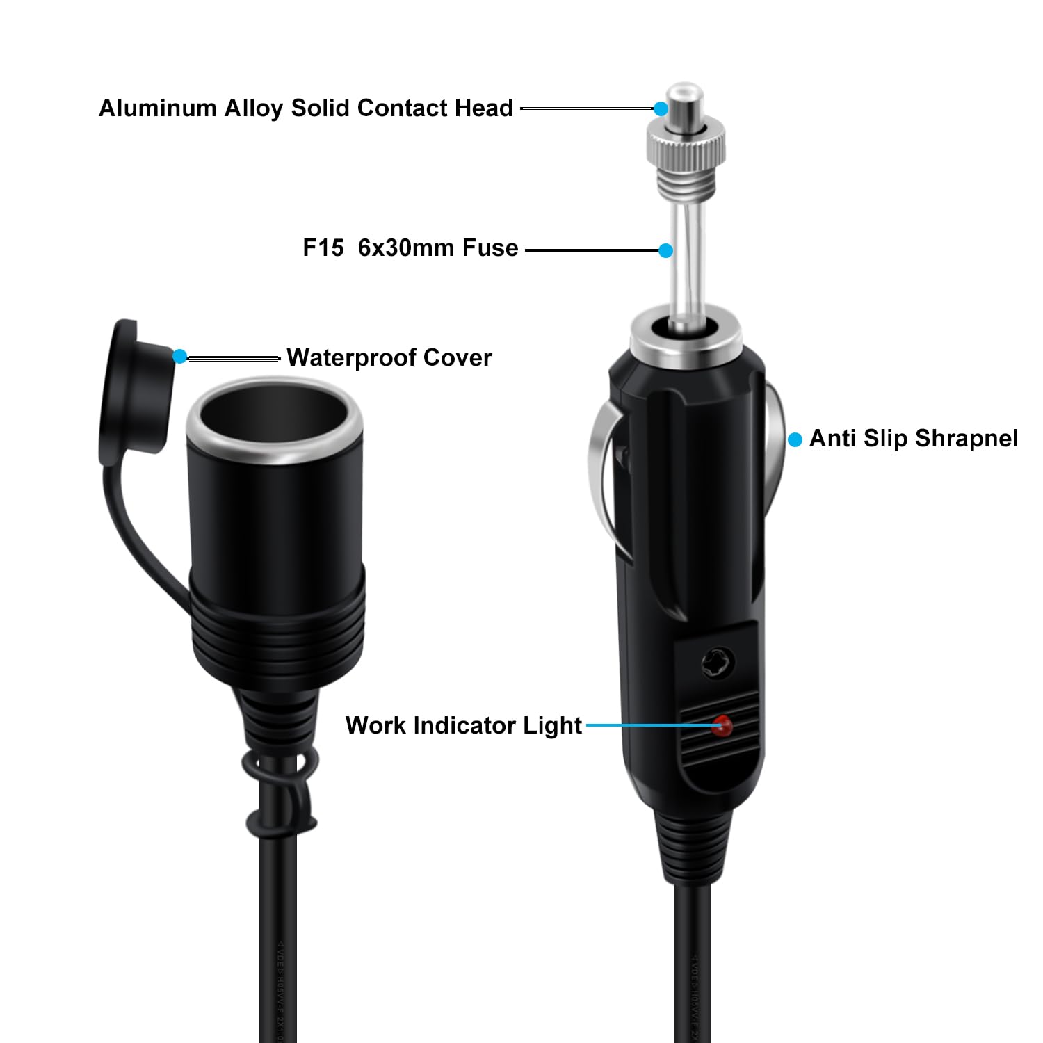 YINGAYOU Prolunga Accendisigari Auto 16AWG 15A Cavo Prolunga Accendisigari 12V 24V con LED e Copertura Impermeabile Adatto per Auto, Moto, Barche (0.3 m