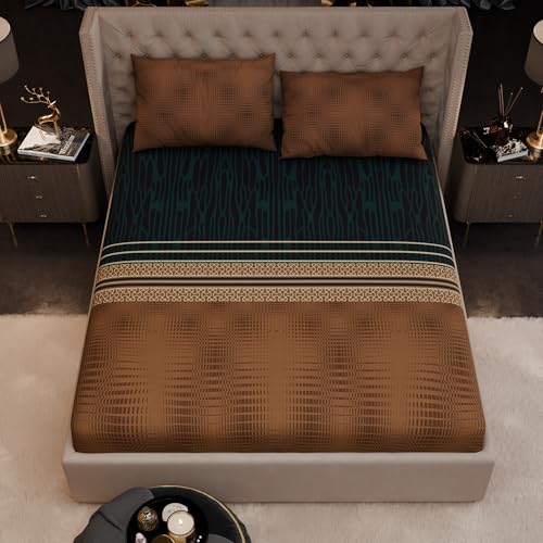 Image of Stoa Paris 100% Bamboo Cotton King Size Fitted Bedsheet with 2 Pillow Covers, 200TC Bedding Set, Breathable, All-Season Comfort, Home Decor, Imperial Grandeur - Amazonite Splendour(182cmx198cm+30cm)