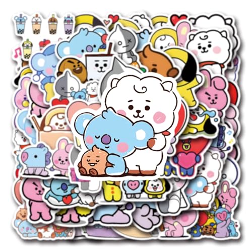 55 Pcs Cartoon BT-21 Stickers for Phone Cute BT-21 Characters Vinyl Waterproof Stickers for Water Bottles Laptops Skateboards Luggage - Aesthetic Decals for Kpop Fans Teens and Kids