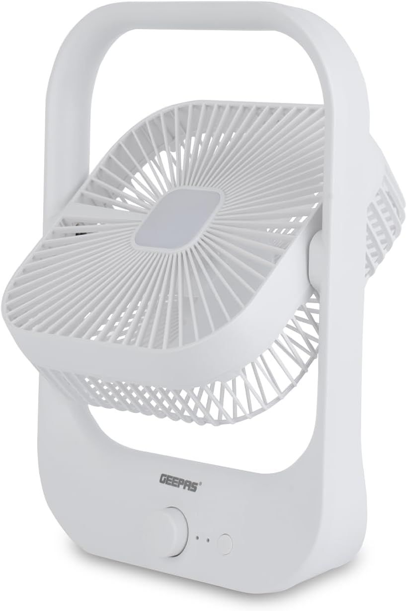 Geepas 8" Rechargeable Fan With Led Light, Gf21162 Over Charge Protection, 8 Hours Working, Step Less Speed Control, Rechargeable Lithium Battery, Full Charge Indicator, White