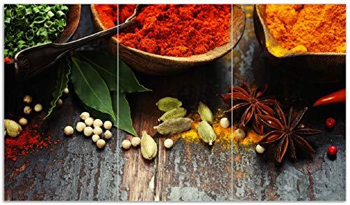 Herdabdeckplatte/Spritzschutz aus Glas, 3-teilig, 90x52cm, für Ceran- und Induktionsherde, Gewürze auf Holz - uriger Holztisch in der Küche