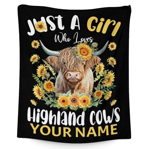 Personalized Highland Cow Blanket Gifts with Name - 60x80 Inches Cute Throw Blanket for Girls - Black Soft Fuzzy Blankets for Bed, Couch & Living Room