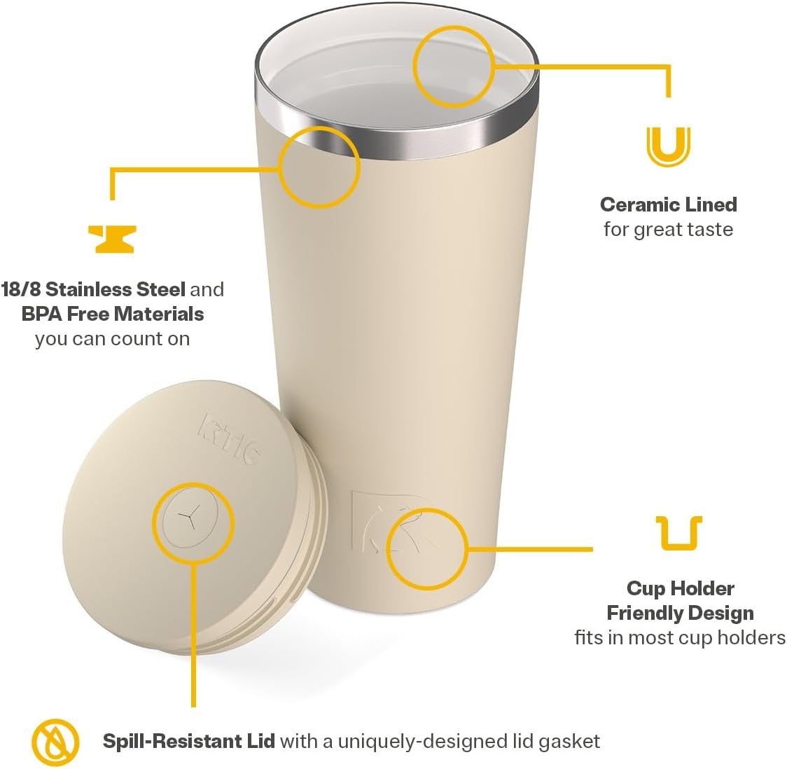 RTIC 20oz Everyday Tumbler Insulated Stainless Steel Portable Travel Coffee Cup with Straw, Ceramic Lining, Spill-Resistant Lid, BPA-Free, Hot and Cold Drink, Beach - Image 3