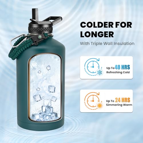 Image of RAYMYLO One Gallon Water Bottle Insulated, Triple Walled Vacuum Stainless Steel (Cold for 48 Hrs), Leak Proof & Non-BPA, Large Water Flask Jug with Paracord Handle & Straw Spout Lids