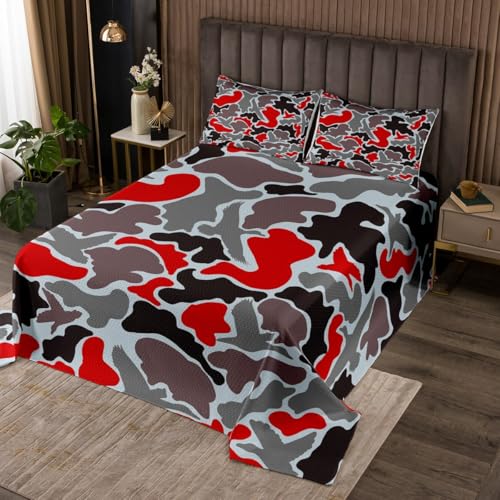 jejeloiu Kids Camo Duck Bedspread King Size Duck Hunter Quilted Coverlet for Boys Girls Bedroom Decor Farmhouse Red Grey Black Coverlet Set Soft Lightweight Microfiber Camouflage with 2 Pillow Case