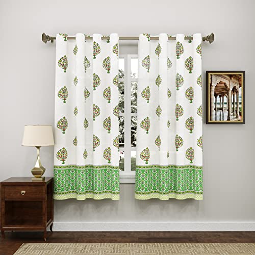Image of BLOCKS OF INDIA Hand Block Printed Cotton Daylight Curtains with Eyelets | Green PAAN, 5 FEET /Window