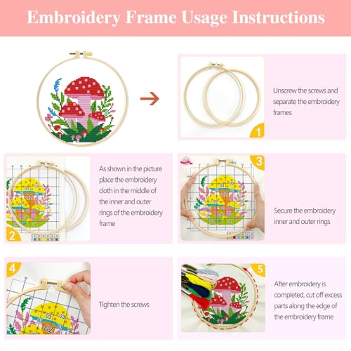 Image of Zhenqing 4 Mushroom Cross Stitch Kit for Beginners, 11CT Printed White Cotton Fabric 24x24cm with Hoop, Fantasy Forest Embroidery Set(69036)