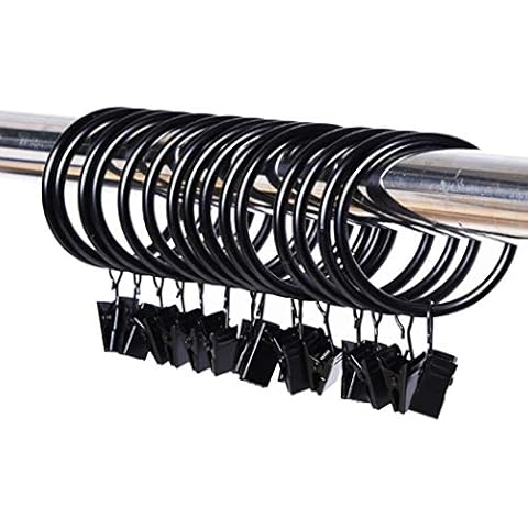 SeeRaphee Metal Drapery Black Curtain Rings With Clips Interior Diameter 38mm/1.5 Inch Electroplating Processing 20PCS Cover