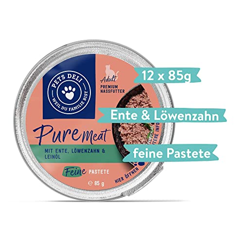 Pets Deli Pure Meat Nassfutter für Katzen mit Ente und Löwenzahn ohne Zucker und Gluten 12 x 85g
