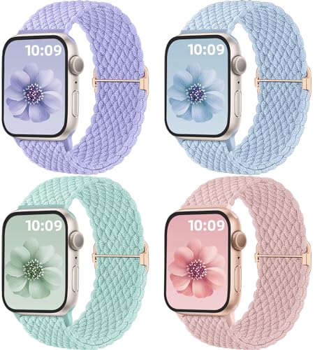 Mastten 4 Pack Braided Solo Loop Compatible with Apple Watch Straps 42mm 41mm 40mm 38mm Women Men, Stretchy Elastic Nylon Sport Strap for iWatch SE 3 2 1 Series 11 10 9 8 7 6 5 4 3 2 1