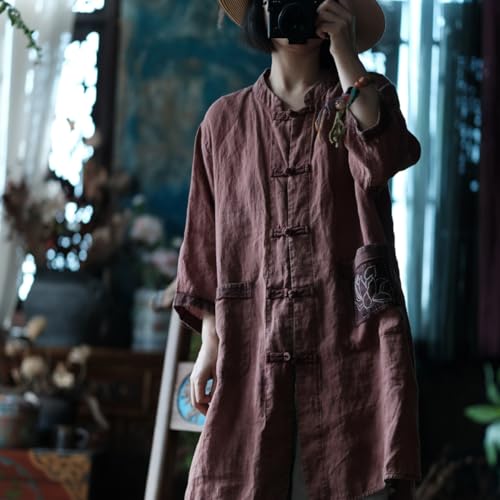 NFYM Women Lightweight Linen Kimono Jacket Frog Buttons Up Embroidery Pocket Vintage Cardigan Trench Coat2