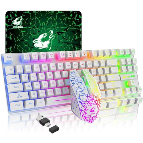 Image of LexonElec Wireless RGB Backlit Gaming Keyboard Mouse Combo,Rechargeable 3800mAh Battery, 87-Key Mechanical Feel Keyboard, Quiet Mouse and Mouse Pad for Gamers and Office Typists(White)