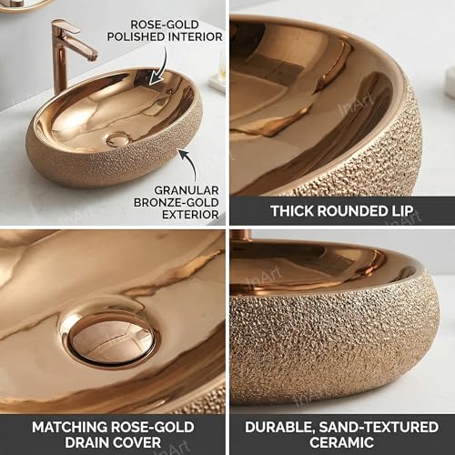 Image of Inart Table Top Premium Designer Ceramic Wash Basin /Vessel Sink for Bathroom 24 x 16 x 6 Inch Rose Golden Color Polished Finish
