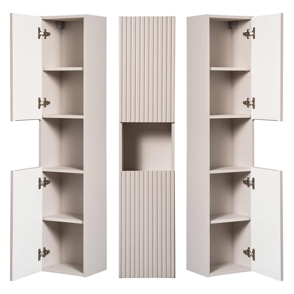 Lomadox Set di mobili da bagno da 2 pezzi con lavabo da 80 cm e armadietto alto con ripiano, cashmere e bianco, parte anteriore scanalata
