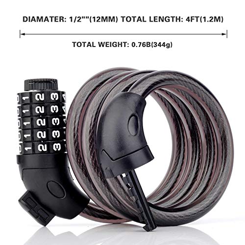 Bike Lock with Mounting Bracket, 4-Feet Bike Cable Basic Self Coiling 5-Digit Resettable Combination Cable Bike Locks, for Bicycle, Motorcycle, Scooter (Blue)