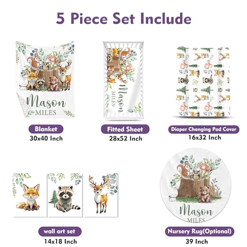 Personalized Baby Crib Bedding Set for Baby Boys Girls, Animal Stump Pattern Custom Name Baby Crib Sets 5-Pcs, Toddler Double Layer Blanket Fitted Sheets Changing Pad Cover Rug Wall Art Set3