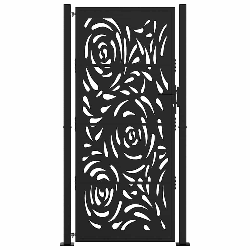 Festnight Puerta Jardin Metalica 105 x 205 cm, Puerta para Valla con Sistema de Cerradura Acero Oxidado, diseño Llama Acero/Negro