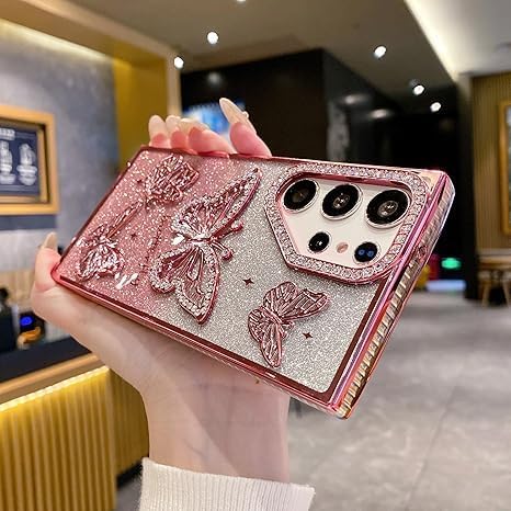 Image of Elzzi Electroplated Butterfly Phone Cover for Samsung S25 Ultra Case, Showcasing Pearlescent Diamond Soft TPU, Camera Protection, Shockproof, Drop-Resistant Stylish for Girls & Women (Silver)