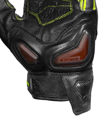 Image of Rynox Tornado Pro 5 Gloves | Semi-Gauntlet Motorcycle Riding Gloves with Carbon Fiber Protectors, Fast-R Palm Sliders | D3O Impact Foam and Touchscreen Compatibility - Black Hi Viz Green, Small