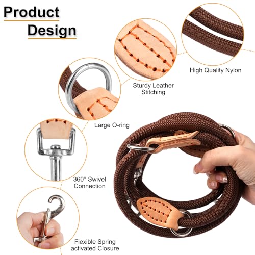 Hundeleine für Große und Mittelgroße Hunde, 2.1m x 1cm Verstellbare Doppelleine Rund, mit 2 Karabiner Führleine Hund, Robustem Nylon, Multifunktionale Dog Leash Adjustable für 2 Hunde (Braun)