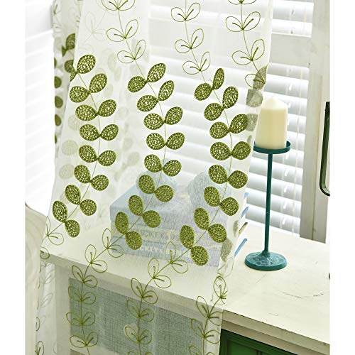 2 Panels Voile Curtains Green Leaf Embroidery Sheer Curtains Pencil Pleat Drapes Curtains for Living Room/Bedroom/Balcony,W175xL140cm - Image 7