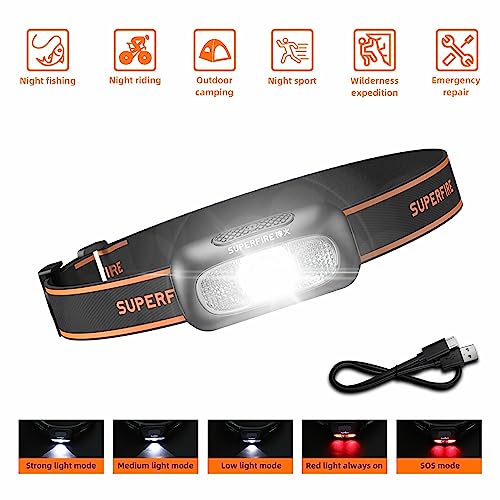 SuperFire 2 Pack Head Torch Rechargeable, 5 Modes Bright LED Headlamp with Red Light - Image 2