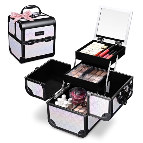 【永遠の愛限定】BYOOTIQUE メイクボックス プロ用 コスメボックス 鏡付き 小型 化粧箱 化粧道具 収納 化粧ボックス 鍵付き 多機能 美容師 ネイリスト ギフト フォゲットミーノッツ ホワイト