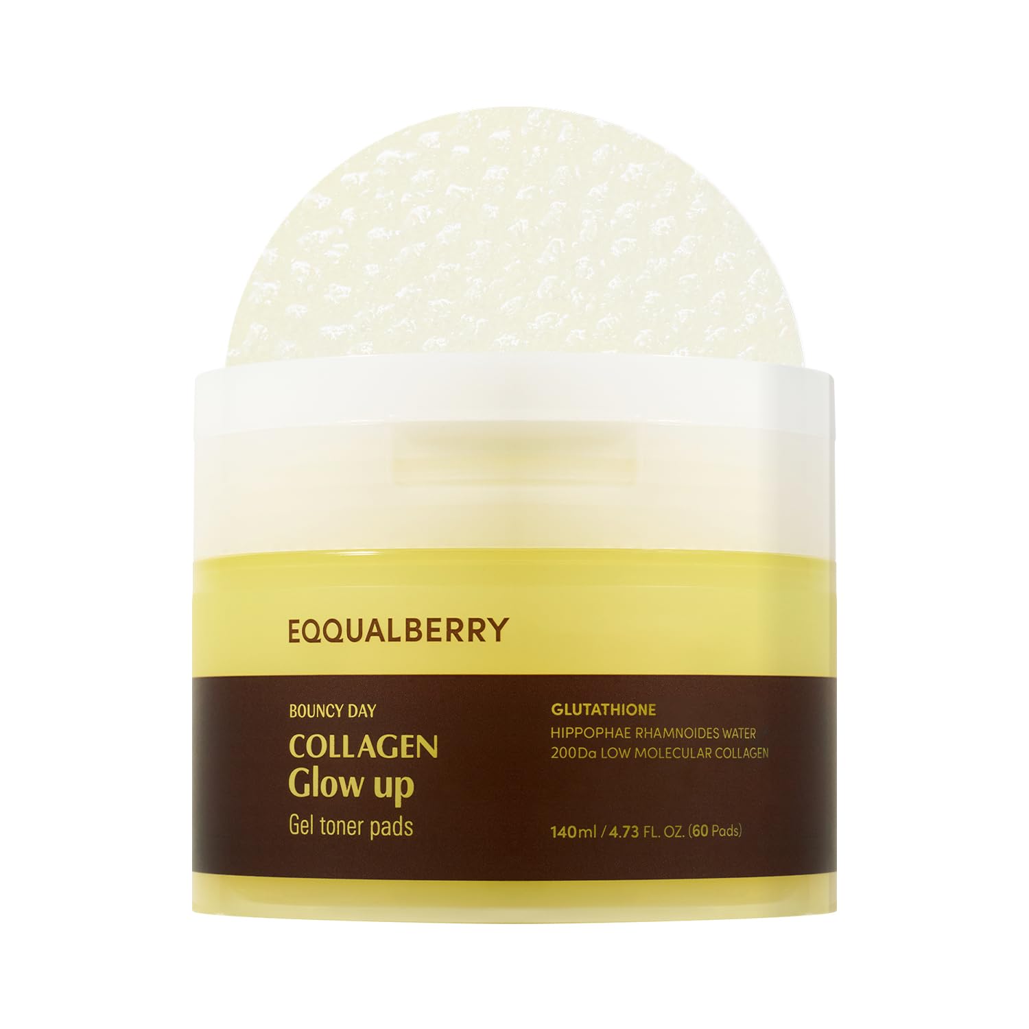 EQUALBERRY Collagen Glow Up Gel Toner Pads, 60 Pads, 140ml, Hydrating and Brightening Korean Skincare, Yellow, 60 count (Pack of 1)