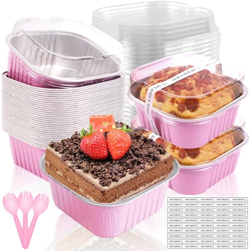 BZIDII Mini Cake Pans with Lids,50 Pack 10oz Mini Loaf Pans with Lids and Spoon Sticker,Disposable Aluminum Square Cake Containers with Lids,Large Brownie Baking Cups Muffin Cake Tin(Pink) by BZIDII - Used condition - CA$25.83
