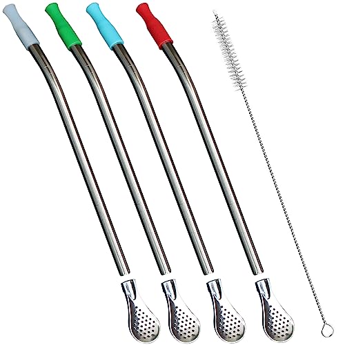 Reusable Bombilla Yerba Mate Straw - Stainless Steel Removable Spoon Style Filter with Soft Silicone Tip - Metal Straw for Drinking Loose Leaf Tea, Coffee - Includes Cleaning Brush by Beruth