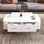 BTM Table Basse Salon, Table Basse Bois avec 4 Tiroirs, Coin Arrondi, Poignées et Pieds de Table Dorés, Moderne, 105x51x36cm, Blanche