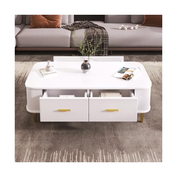 BTM Table Basse Salon, Table Basse Bois avec 4 Tiroirs, Coin Arrondi, Poignées et Pieds de Table Dorés, Moderne, 105x51x36cm, Blanche