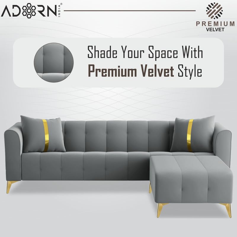 Image of Adorn India Premium Mystic - 3 Years Warranty - L Shape 5 Seater Sofa Set Velvet Suede Fabric - Grey